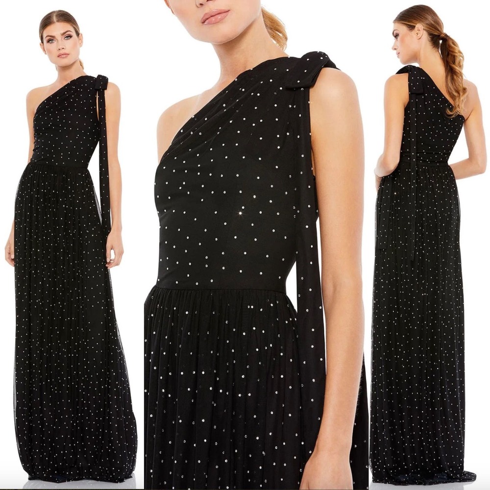 Ieena For Mac Duggal One Shoulder Bow Rhinestone Gown In Black 2142i Small New